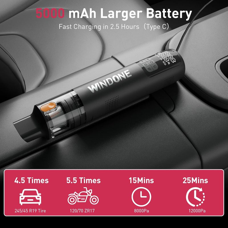 Windone Car Vacuum, 12000Pa 2-in-1 Cleaner & Tire Inflator 150PSI, 60W Brushless Motor, Cordless Handheld Vacuum & Air Pump with Pressure Gauge, LED Light, Multi-Nozzles for Car, Home, Office - Image 5